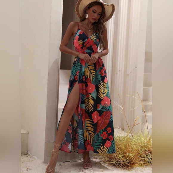 Tropical Print Split Thigh Cami Dress - Picture 2 of 5